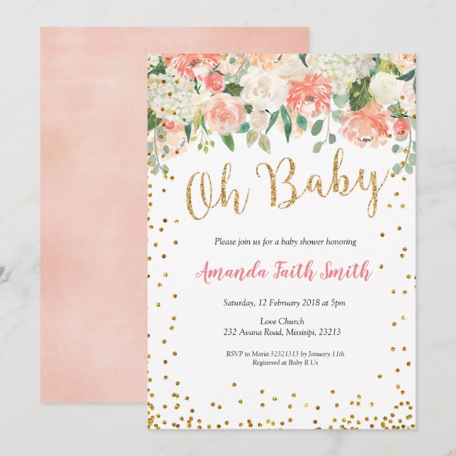 Oh Baby Peach Floral Baby Dusche Einladung (Vorne/Hinten)