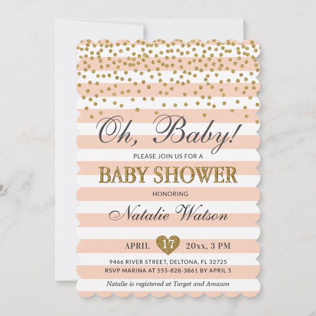 Oh Baby Peach Gold Baby shower Invitation neutre (Devant)