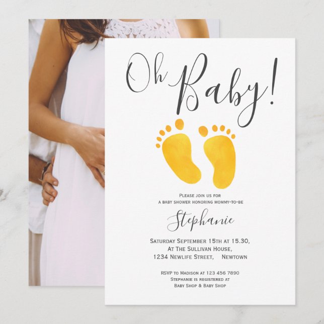 Oh Baby Photo Jaune Pieds Baby shower Invitation (Devant / Derrière)