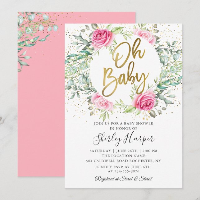 Oh Baby Pink Blumengrün Glitzer Babydusche Einladung (Vorne/Hinten)