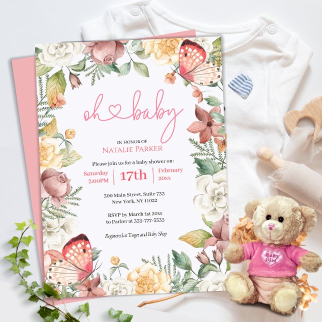 Oh Baby Pink Butterfly Floral Girl Babydusche Einladung (Von Creator hochgeladen)
