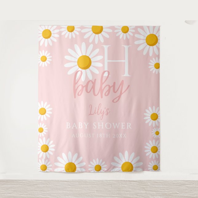 Oh Baby Pink Daisy Baby Dusche Foto Hintergrund Wandteppich (Vorderseite)