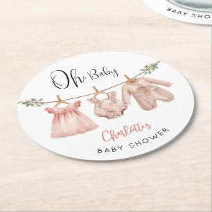 Oh Baby Pink Floral Baby Shower  Runder Pappuntersetzer