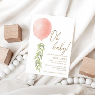 Oh Baby Pink Girl Ballon Eukalyptus Foliage Einladung