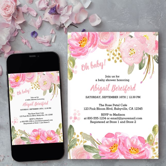 Oh Baby Pink Gold Floral Watercolor Babydusche Einladung (Von Creator hochgeladen)