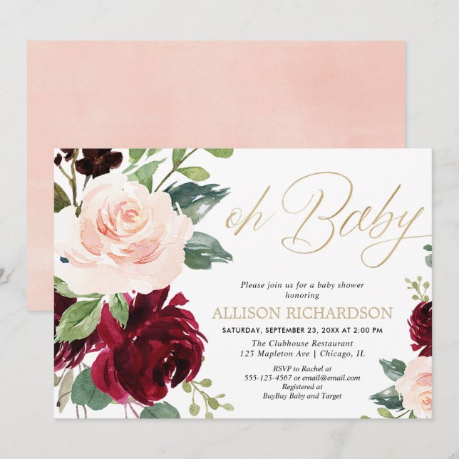 Oh Baby Pink goldene Bordeaux Blumendusche Einladung (Vorne/Hinten)
