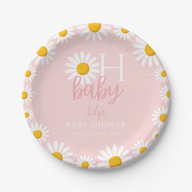 Oh Baby Pink Modern Daisy Baby Dusche Pappteller (Vorderseite)