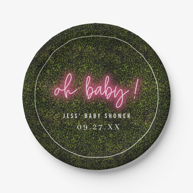 Oh Baby Pink Neon Boxwood Baby Dusche Pappteller (Vorderseite)