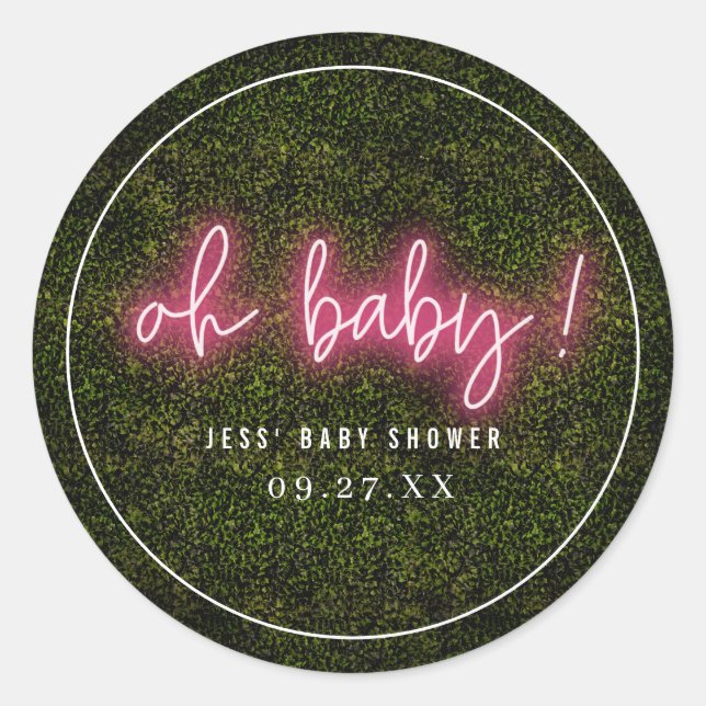 Oh Baby Pink Neon Boxwood Baby Dusche Runder Aufkleber (Vorderseite)
