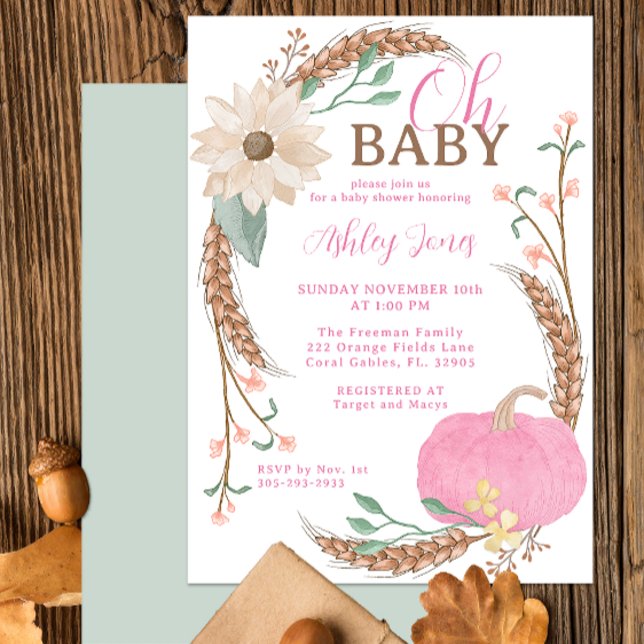 Oh Baby Pink Pumpkin Dusche einladen Einladung (Fall Pink Pumpkin Baby Shower Party Invitation)
