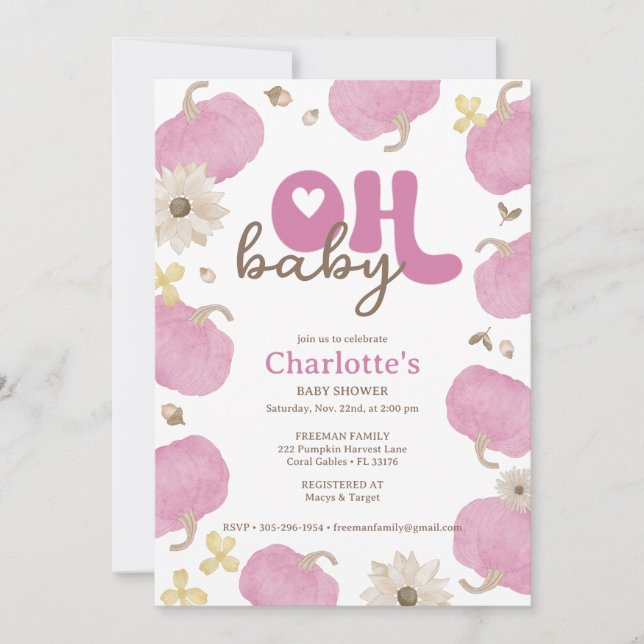 Oh Baby Pink Pumpkin Fall Baby Dusche Einladung (Vorderseite)
