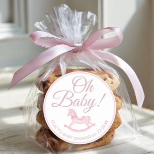 Oh Baby Pink Schaukelpferd Baby Shower Favor Runder Aufkleber