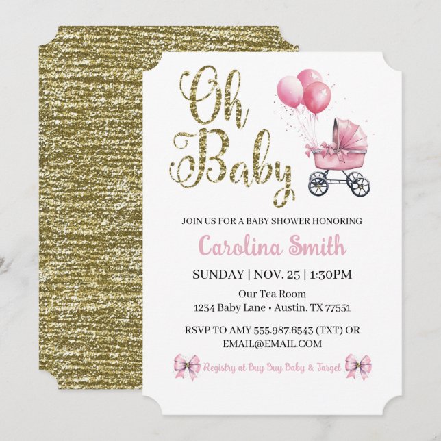 Oh Baby Pink Stroller Gold Glitzer Babydusche Einladung (Vorne/Hinten)
