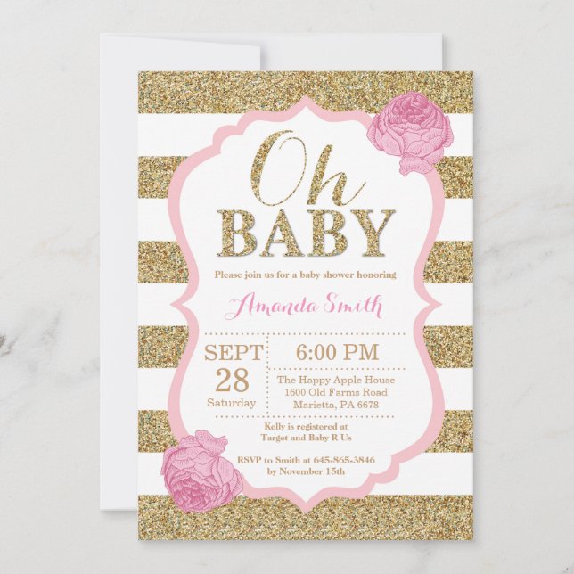 Oh Baby Pink und Gold Baby Dusche Einladung (Vorderseite)