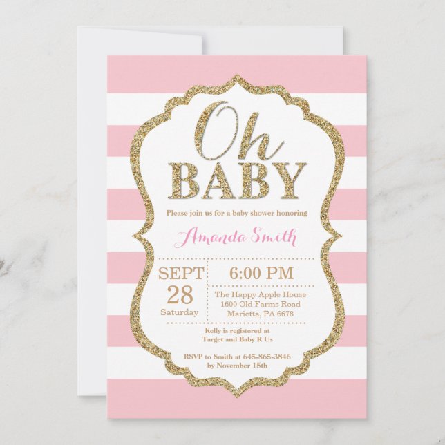 Oh Baby Pink und Gold Baby Dusche Einladung (Vorderseite)
