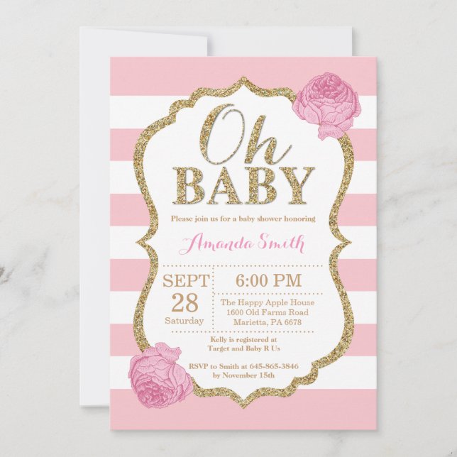 Oh Baby Pink und Gold Baby Dusche Einladung (Vorderseite)