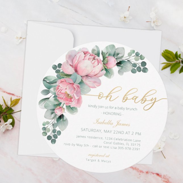 Oh Baby Pink und Gold Floral Greenery Girl Baby Sh Einladung (Oh Baby - Baby Shower Invite)