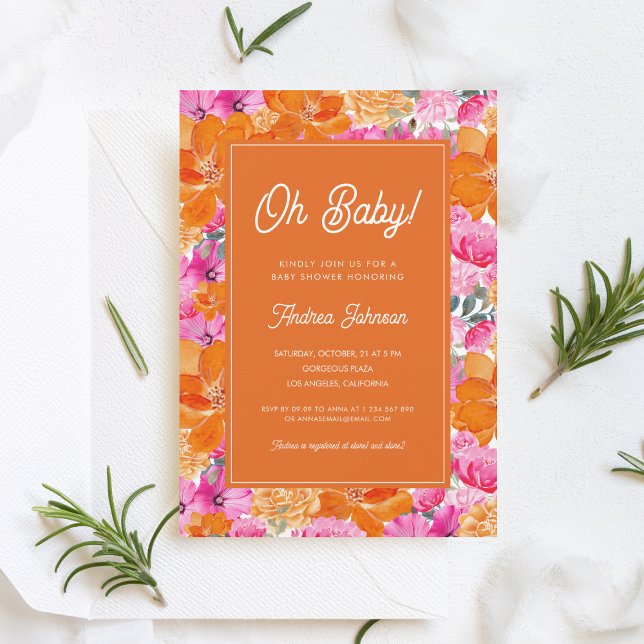 Oh Baby Pink und Orange Vibranly Floral Baby Showe Einladung (Von Creator hochgeladen)