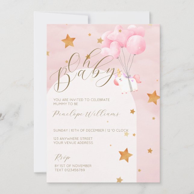 Oh Baby Pink Unicorn Kinderdusche Einladung (Vorderseite)