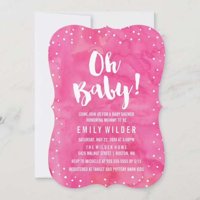 Oh Baby Pink Watercolor Babydusche Einladung (Vorderseite)