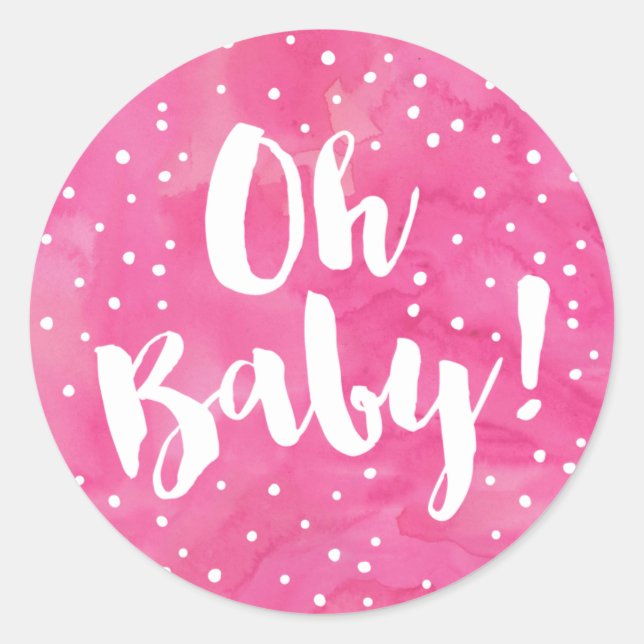 Oh Baby Pink Watercolor Babydusche Runder Aufkleber (Vorderseite)