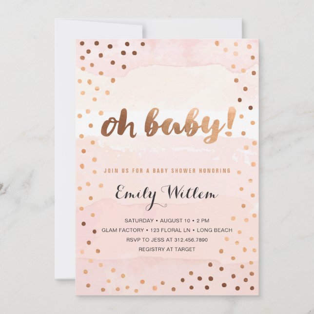 OH BABY! Pink Watercolor & Gold Foil Kinderdusche Einladung (Vorderseite)