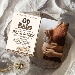 Oh Baby Rennwagen Kariert Mocha Baby Shower Foto Einladung