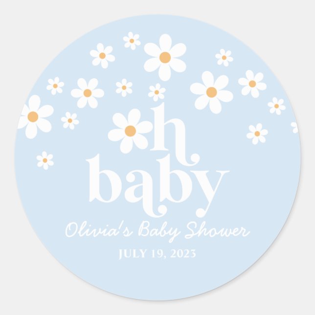 Oh, Baby! Retro Daisy Blue Boho Baby Dusche Runder Aufkleber (Vorderseite)