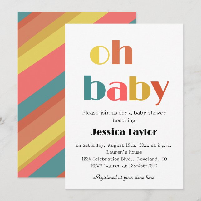 Oh Baby Retro Rainbow Baby Shower Einladung (Vorne/Hinten)