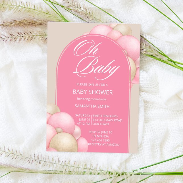 Oh Baby rosa beige Ballons Bogen minimalistisch ei Einladung (Von Creator hochgeladen)