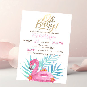 Oh Baby Rosa Flamingo Palme Hibiskusblätter Einladung