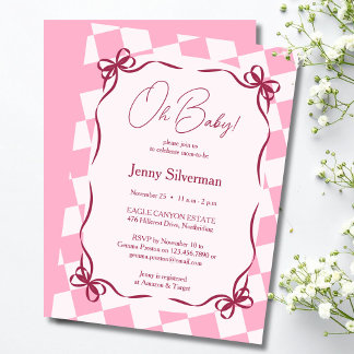 Oh Baby Rosa Gingham-Schleifen Babyparty Einladung