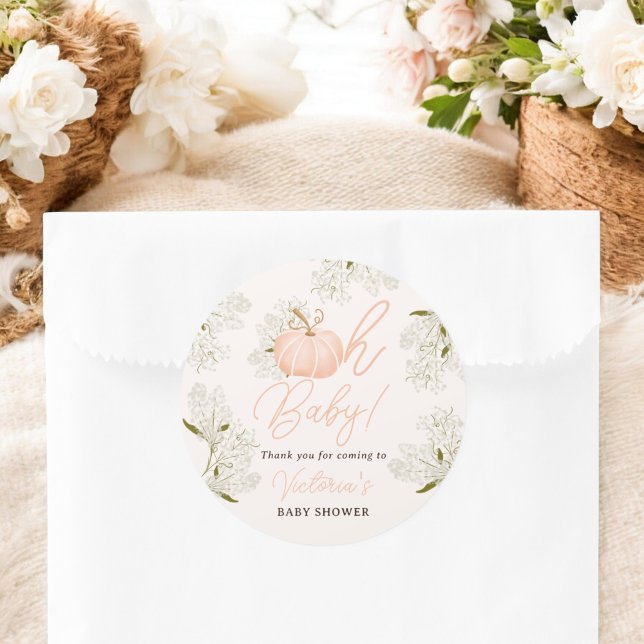 Oh Baby rosa Kürbis Blumenkohl danke Babydusche Runder Aufkleber (Oh Baby pink pumpkin floral thank you baby shower Classic Round Sticker)