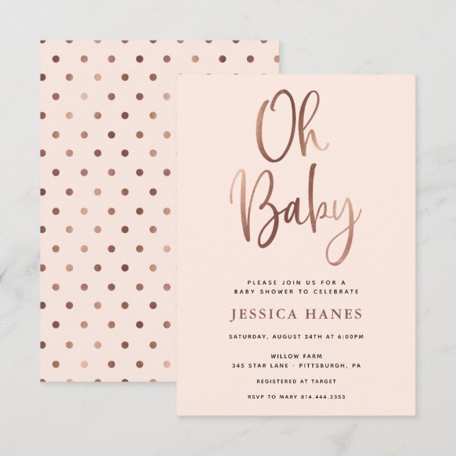 Oh Baby Rose Gold Foil Kinderdusche Einladung (Vorne/Hinten)