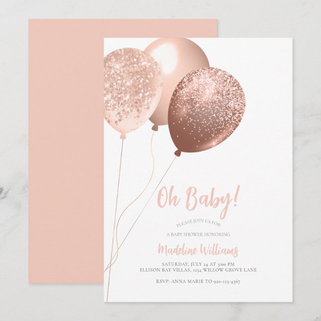 Oh Baby Rose Gold Glitzer Balloons Babydusche Einladung (Vorne/Hinten)