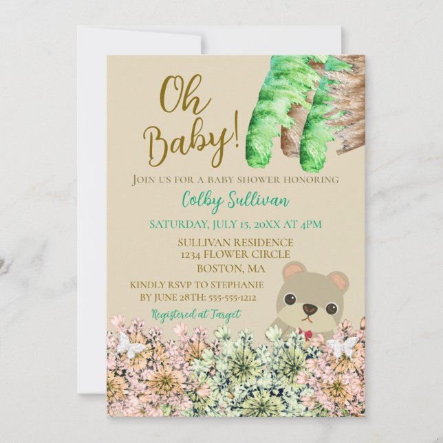 Oh Baby Rustic Greenery Teddy Bear Baby Dusche Einladung (Vorderseite)