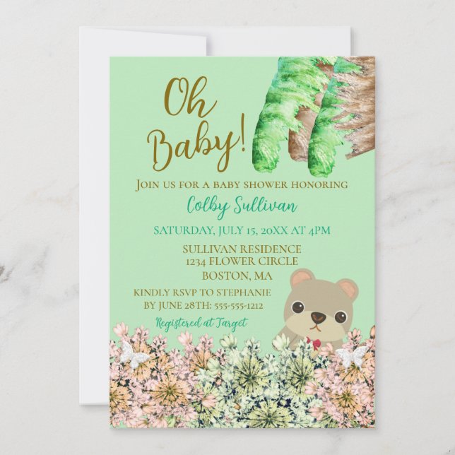 Oh Baby Rustic Greenery Teddy Bear Baby Dusche Einladung (Vorderseite)