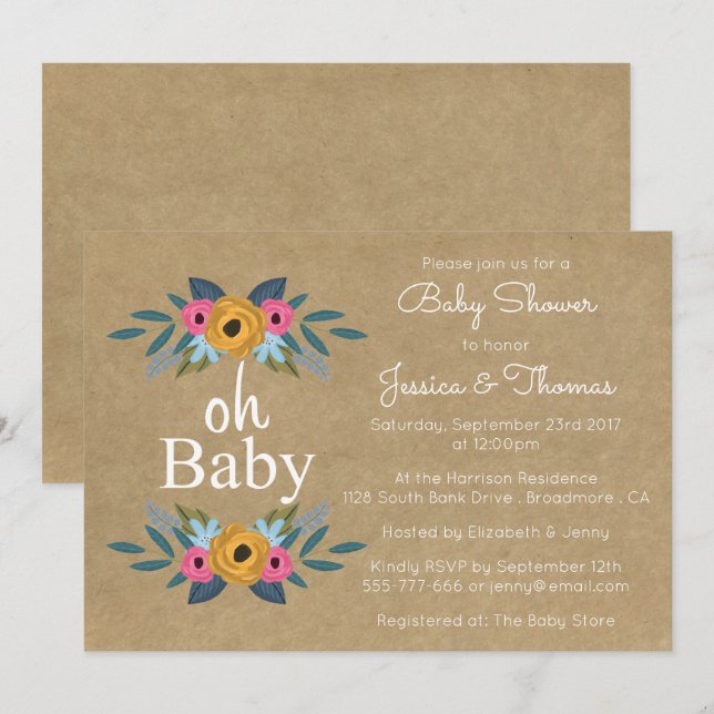 Oh, Baby! Rustic Kraft Blumenkleider Baby Dusche Einladung (Vorne/Hinten)