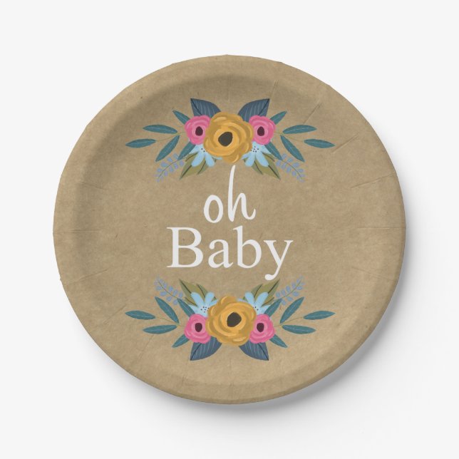 Oh, Baby! Rustic Kraft Blumenkleider Baby Dusche Pappteller (Vorderseite)