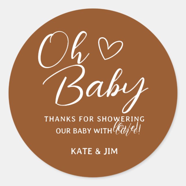 Oh Baby Saddle Brown Babydusche Danke Runder Aufkleber (Vorderseite)