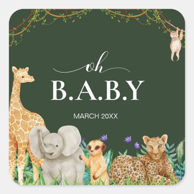 Oh baby Safar Animal Jungle Greenery Baby Shower Quadratischer Aufkleber (Vorderseite)
