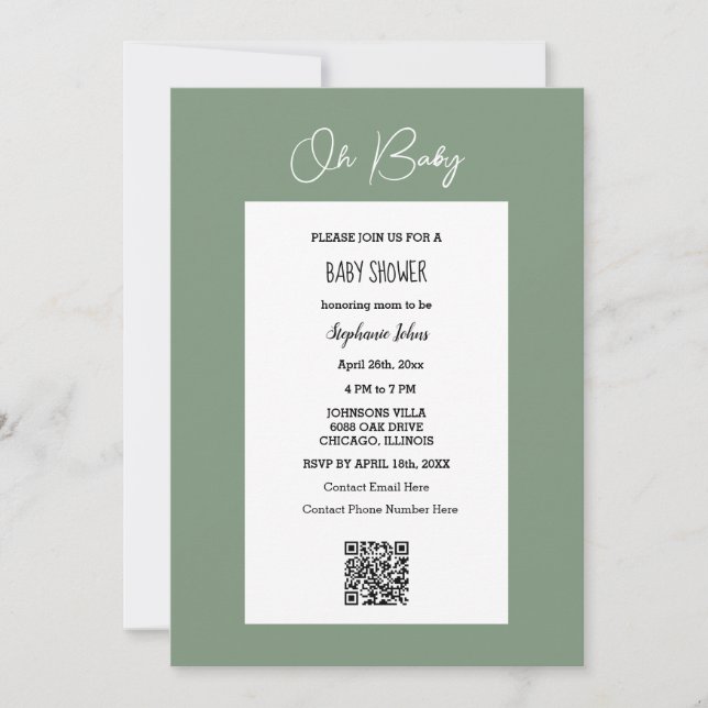 Oh Baby Sage Green Baby Dusche QR Code Skript Einladung (Vorderseite)