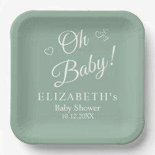 "Oh Baby" Sage Green Moderne Minimalistische Babyd Pappteller