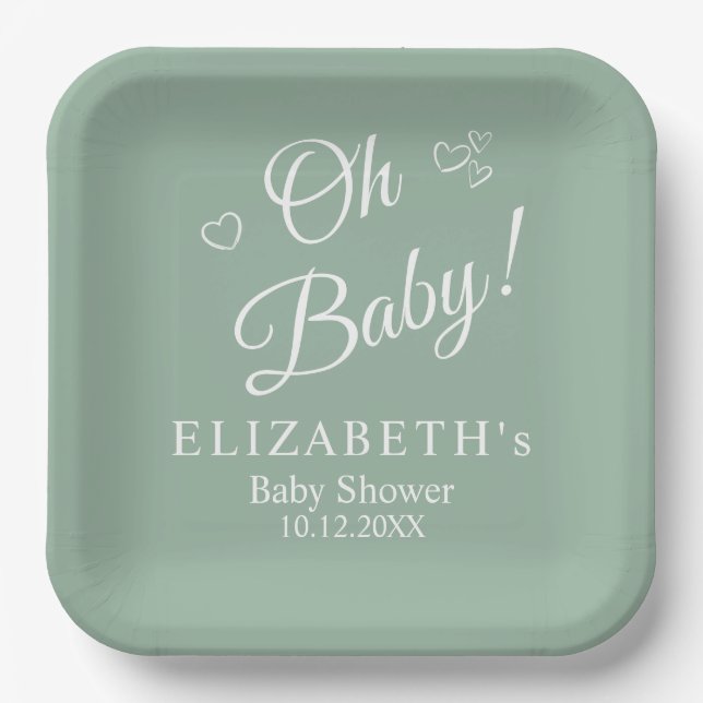 "Oh Baby" Sage Green Moderne Minimalistische Babyd Pappteller (Vorderseite)