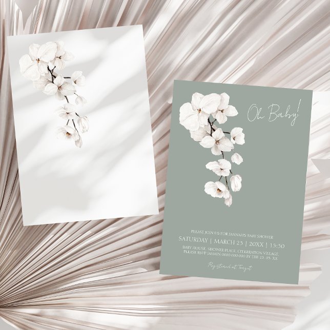Oh Baby Sage Green White Orchids Babydusche Einladung (Modern Sage Green White Orchids Baby Shower, Oh Baby! Invitation)