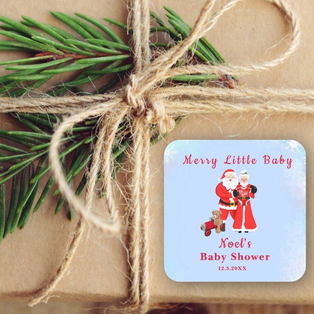 Oh Baby Santa & Mrs Claus Baby Dusche Quadratischer Aufkleber (Add holiday magic with Santa & Mrs. Claus stickers for unforgettable Baby Shower delight.)