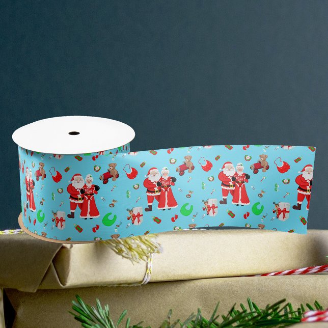 Oh Baby Santa & Mrs Claus Baby Shower Blue Satinband (Wrap gifts in charm with Santa & Mrs. Claus Baby Shower Satin Ribbon. Perfect for delightful present)