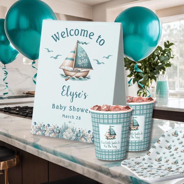 "Oh, Baby" Schönheitspapier Cup Blue Sailboat Desi Pappbecher ("Oh, Baby" Sailor Baby Shower Party Cups)