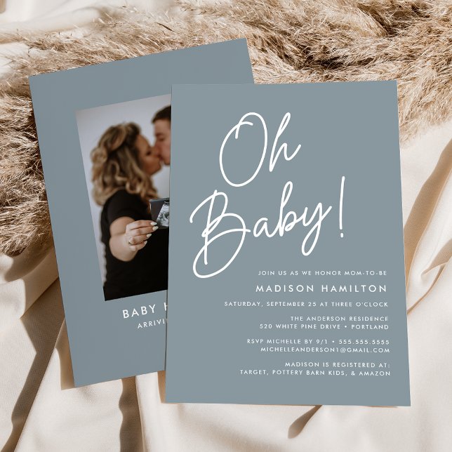 Oh Baby Script Dusty Blue Foto Baby Dusche Einladung (Von Creator hochgeladen)