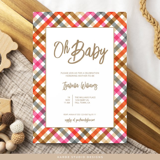Oh Baby Script Gingham Baby Shower Einladung (Invite shown in 5 x 7 inches, choose size, paper and corner style. Buy print or digital invitations.)